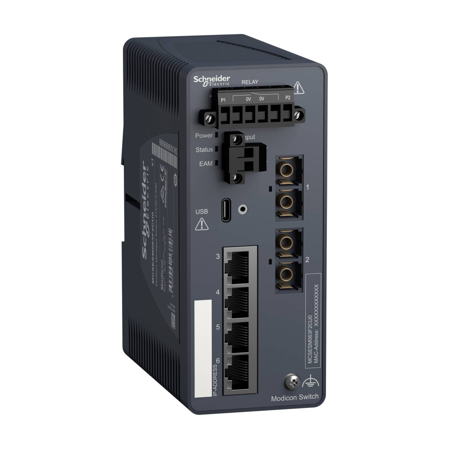 Ein elektronisches Gerät mit mehreren Ethernet-Anschlüssen, USB-Eingang und LED-Anzeigen. Marke: Schneider Electric. Modell: Modicon Switch.