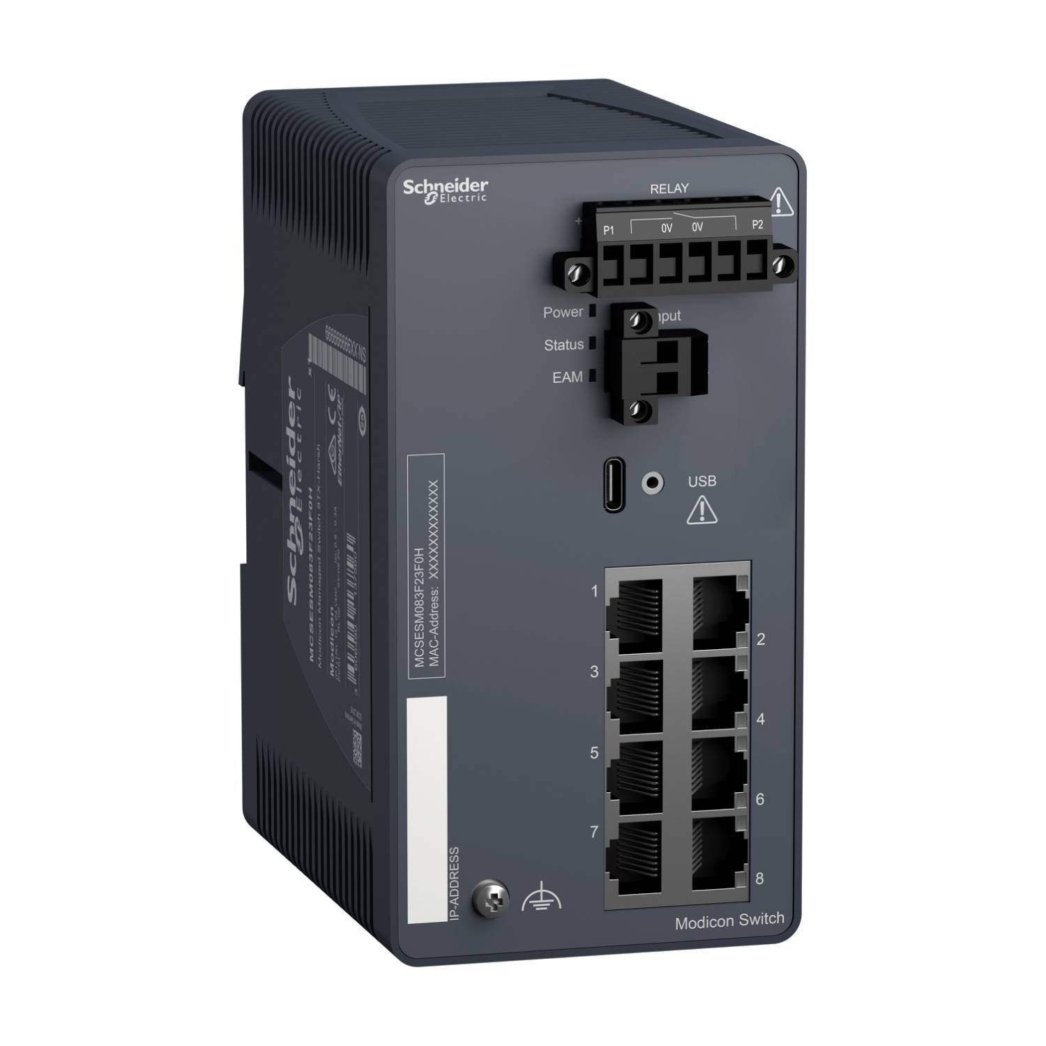 Industrieller Netzwerk-Switch von Schneider Electric mit acht Ethernet-Ports, USB-Verbindung und LED-Anzeigen für Status und Power.