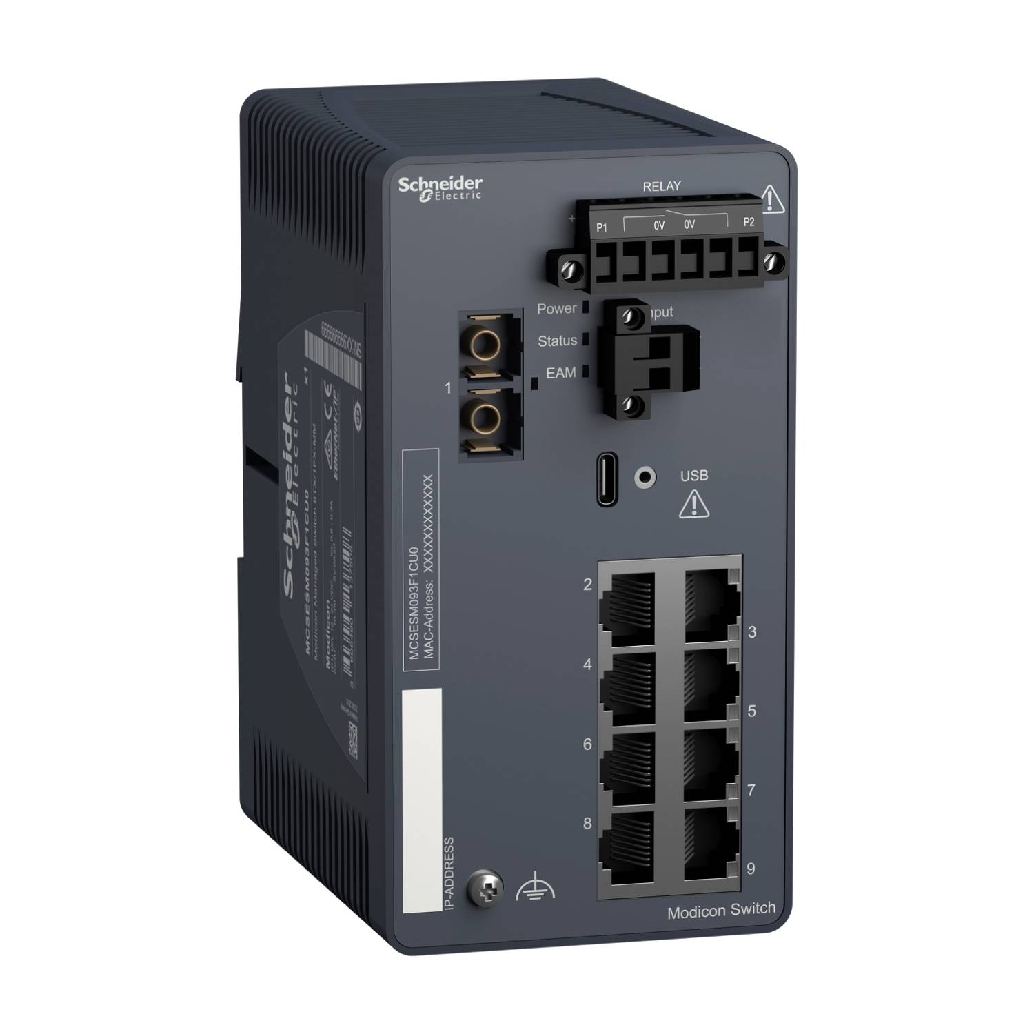 Ein grauer, rechteckiger Industrieschalter von Schneider Electric mit mehreren Ethernet-Ports und einem USB-Anschluss auf der Vorderseite.