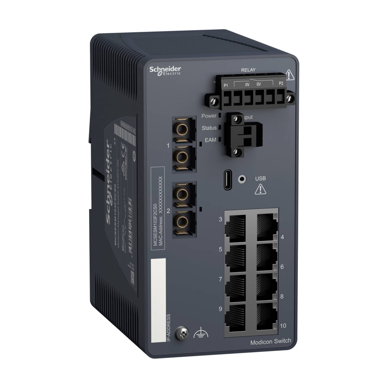 Grau-schwarzer elektronischer Modicon Switch von Schneider Electric mit mehreren Netzwerkanschlüssen und LED-Anzeigen zur Statusüberwachung.