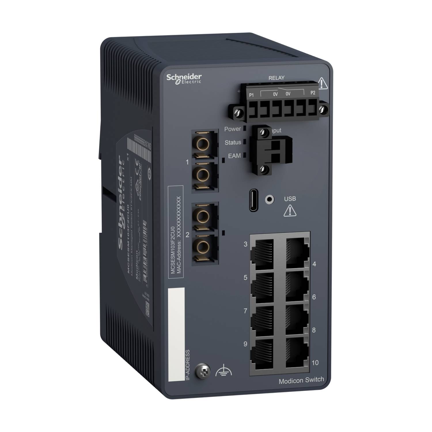 Das Bild zeigt einen Modicon Switch von Schneider Electric, einen grauen Netzwerk-Switch mit mehreren Ethernet-Ports an der Vorderseite.
