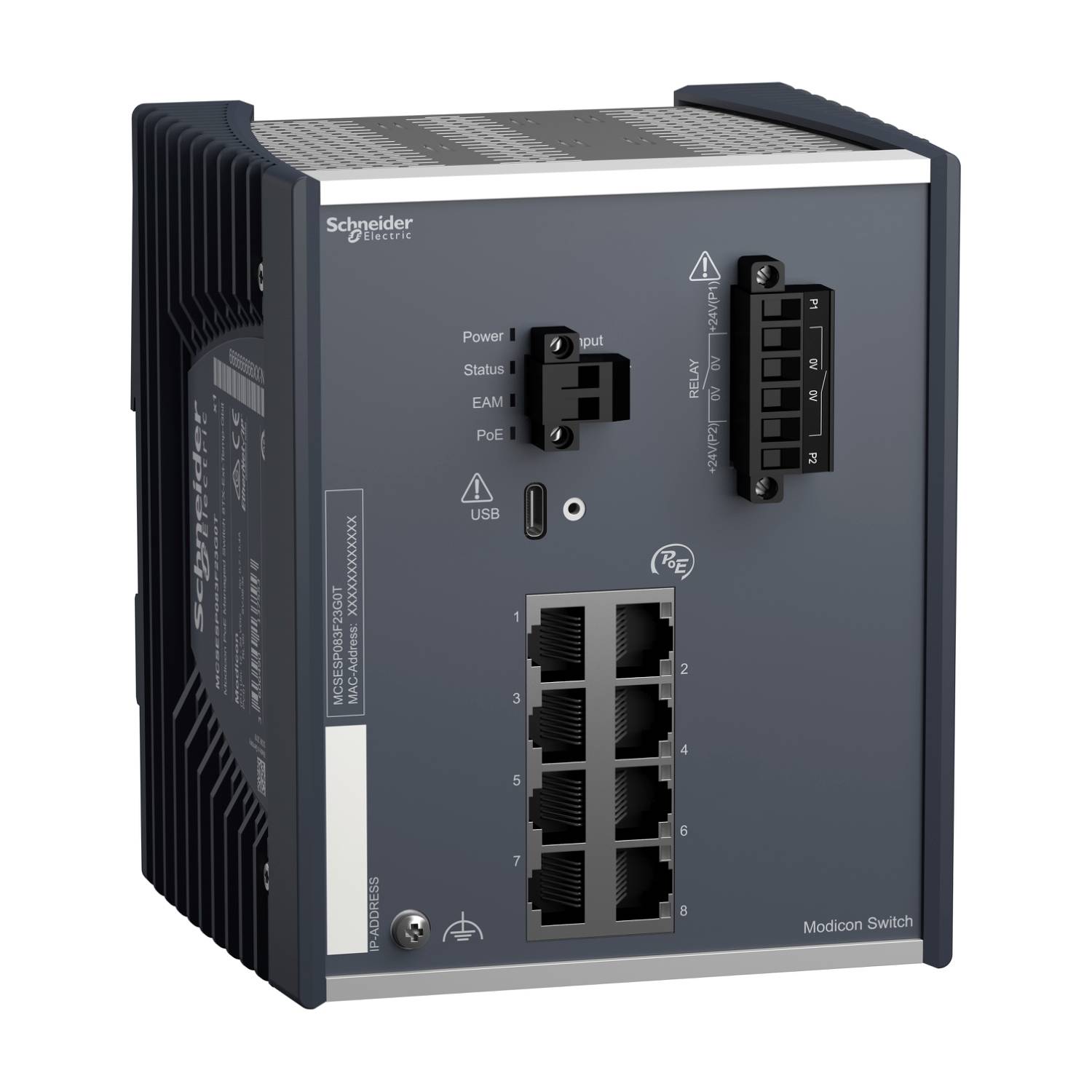 'Schneider Electric Modicon Switch' auf einem Gerät mit mehreren Netzwerkanschlüssen und Statusanzeigen.