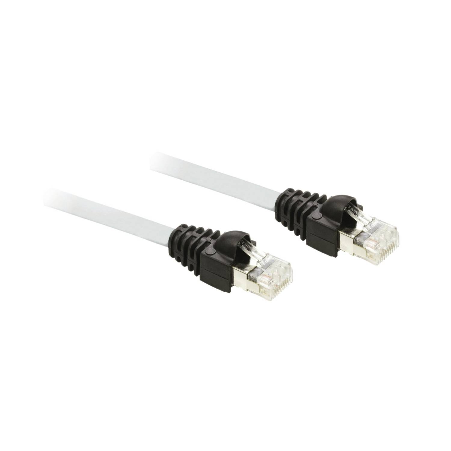 Ein graues Ethernet-Kabel mit zwei schwarzen Steckern an jedem Ende für Netzwerkverbindungen.