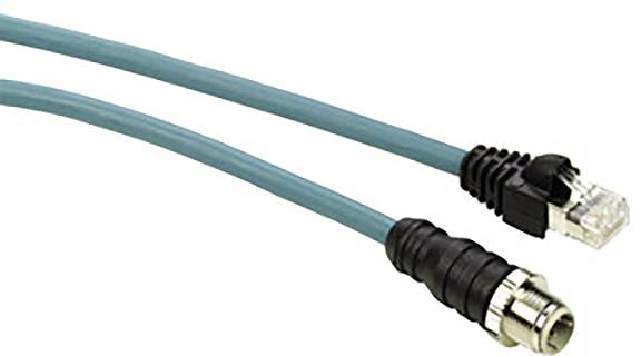 Ein blaues Kabel mit einem RJ45-Stecker und einem runden Koaxialstecker, verwendet für Netzwerkverbindungen.