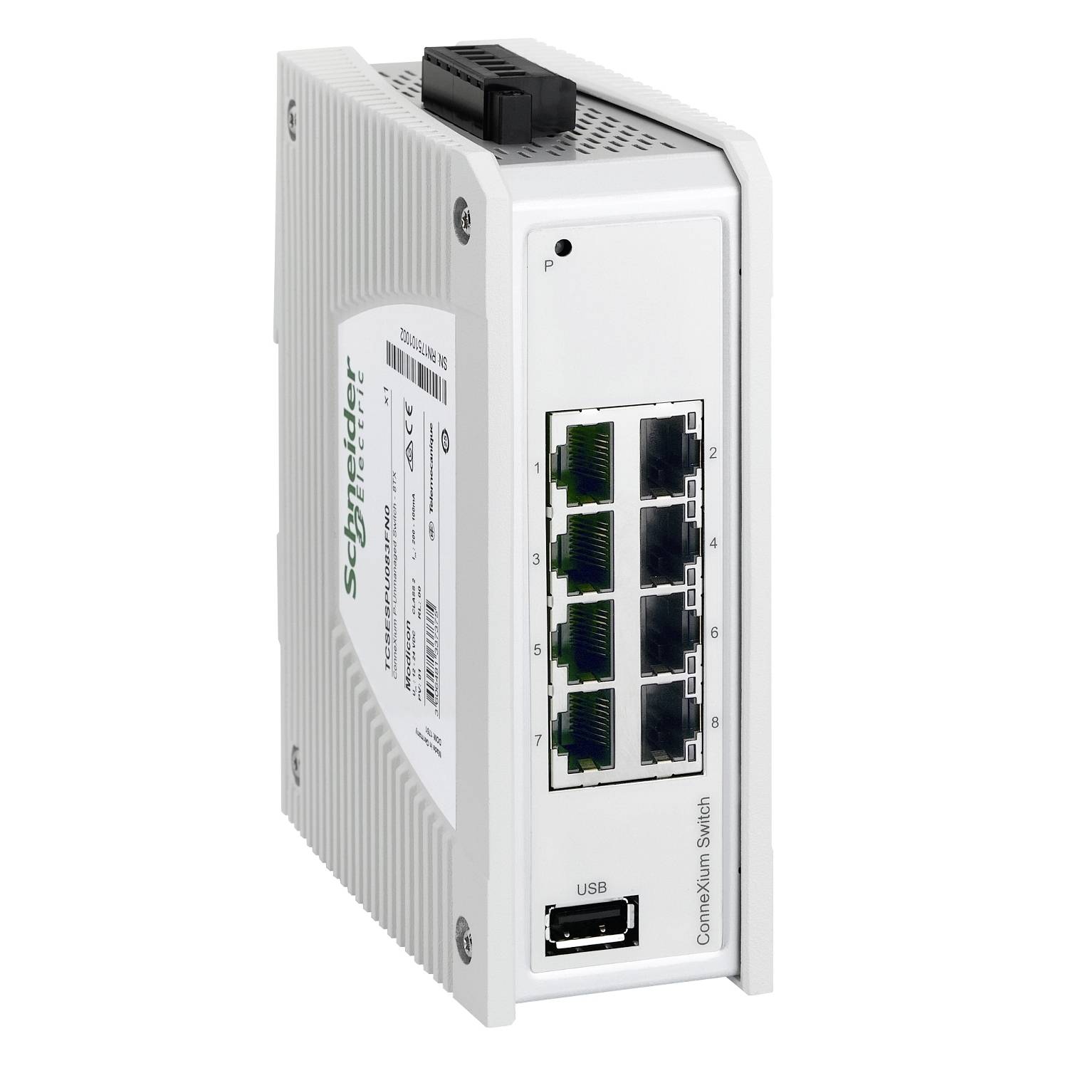 Ein weißer Industrieschalter mit fünf Ethernet-Ports und einem USB-Anschluss auf der Vorderseite, Markenlogo linksseitig.