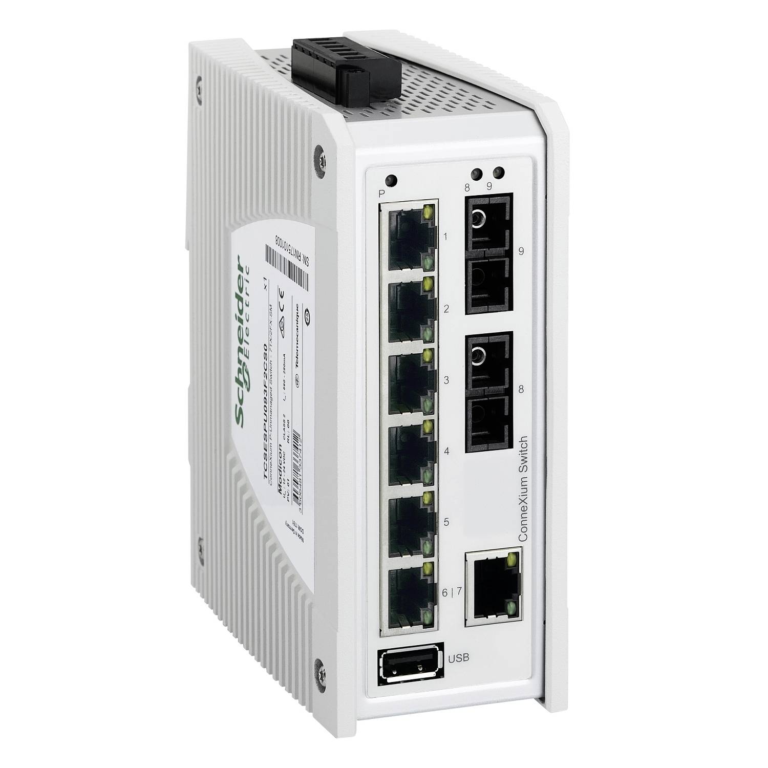 Industrieller Ethernet-Switch von Schneider Electric, grau-weiß, mit acht Netzwerkanschlüssen und einem USB-Port auf der Vorderseite.
