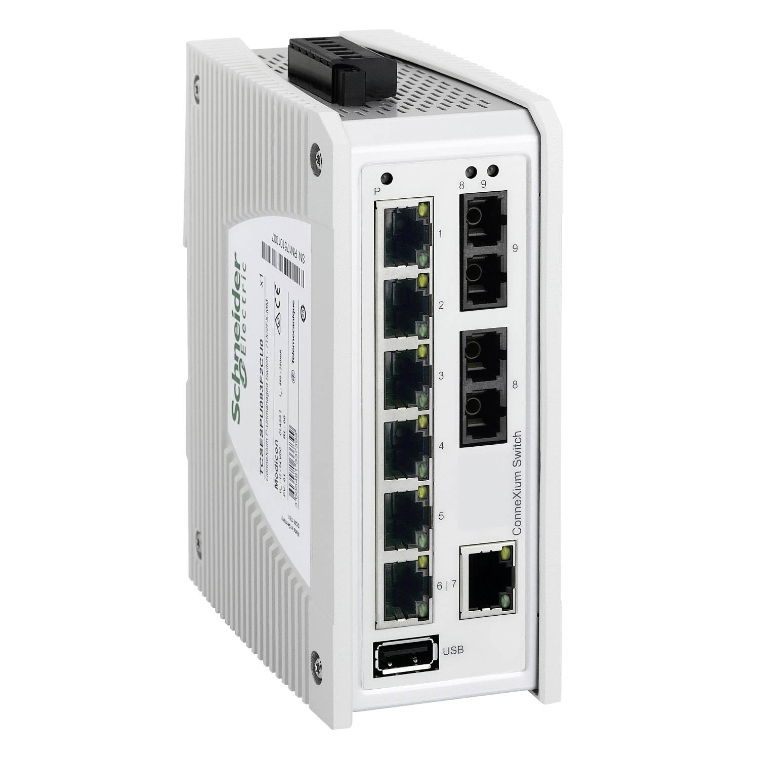 Ein industrieller Netzwerk-Switch der Marke Schneider Electric mit mehreren Ethernet-Ports und USB-Anschluss.