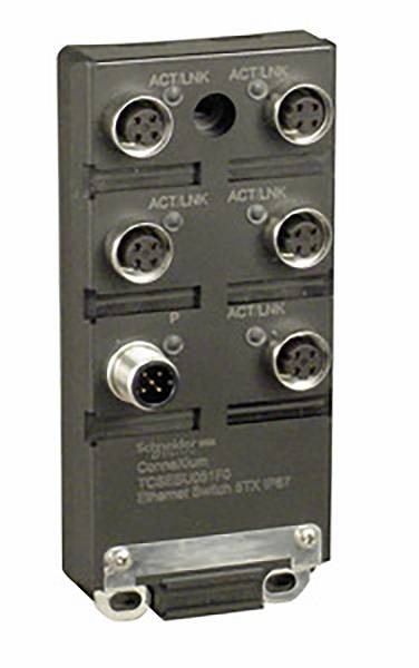 Schneider Ethernet-Switch XBTZ, mit mehreren Ports und Verbindungen, schwarz.