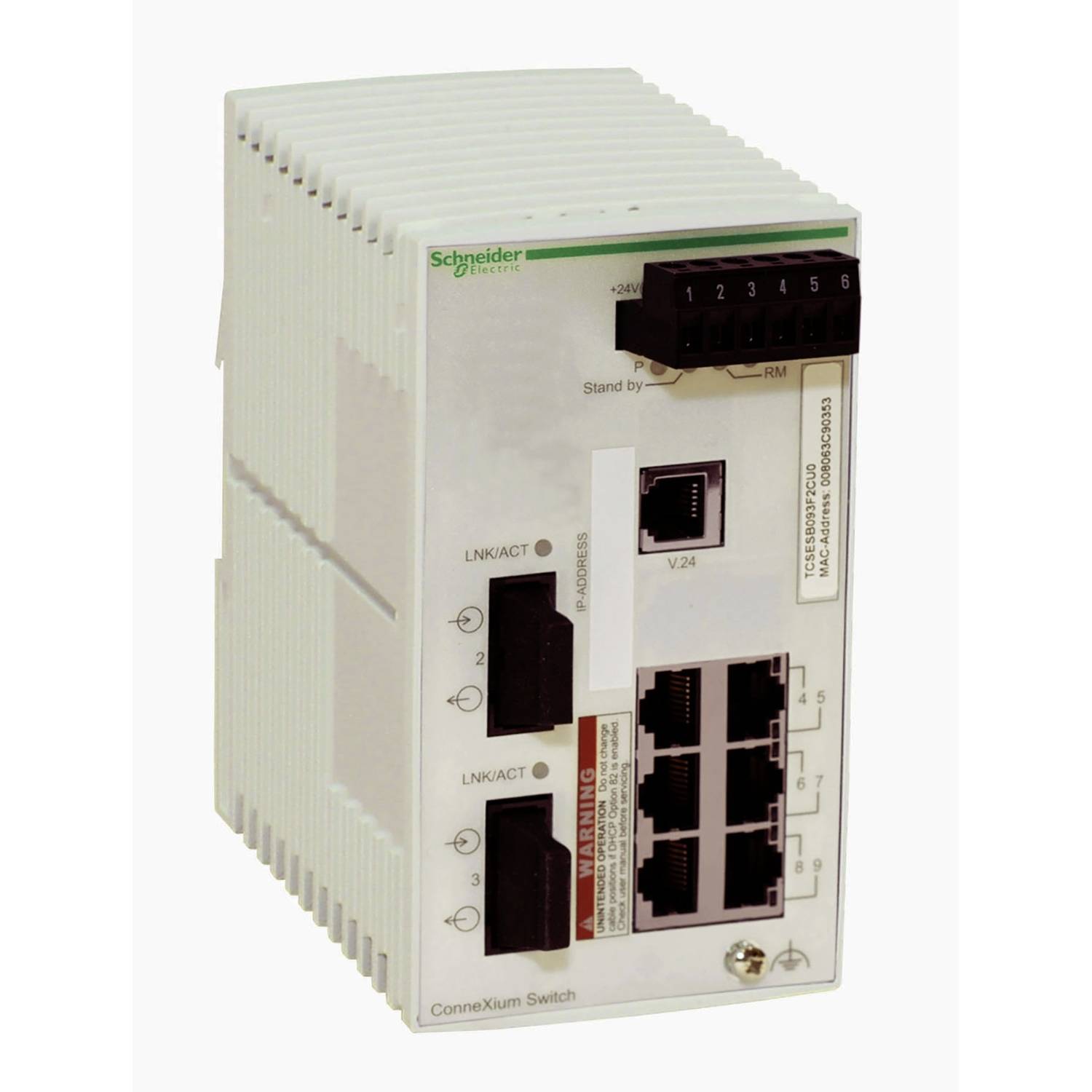 Netzwerk-Switch von Schneider Electric mit mehreren Ethernet-Ports und Statusanzeige.