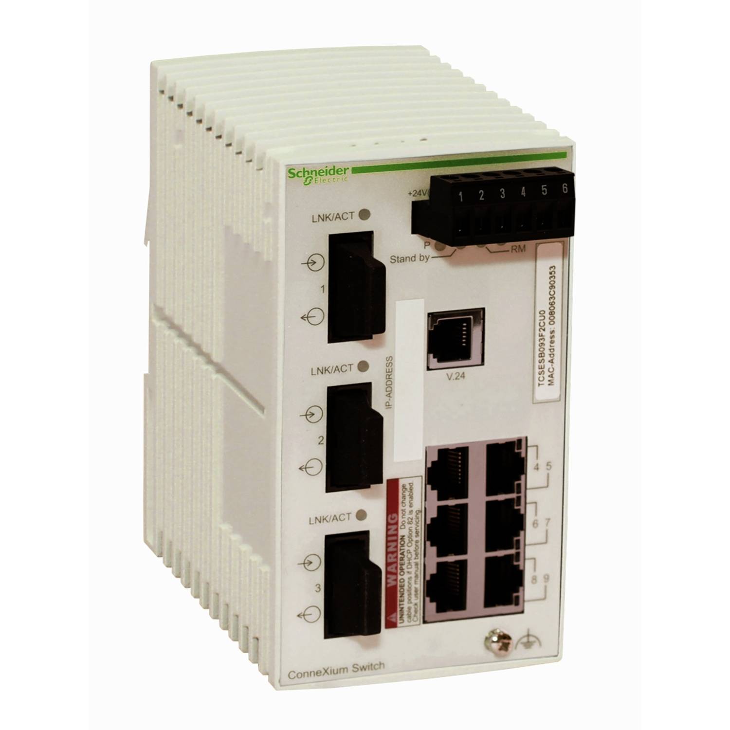 Ein industrieller Netzwerkschalter von Schneider Electric mit mehreren Ethernet-Ports und Statusanzeigen. Geeignet für industrielle Anwendungen.