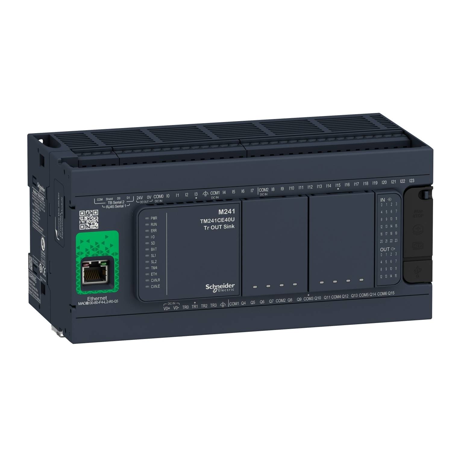Ein industrieller Steuerungsbaustein von Schneider Electric, Modell M241, mit mehreren Anschlüssen und einem Ethernet-Port links.