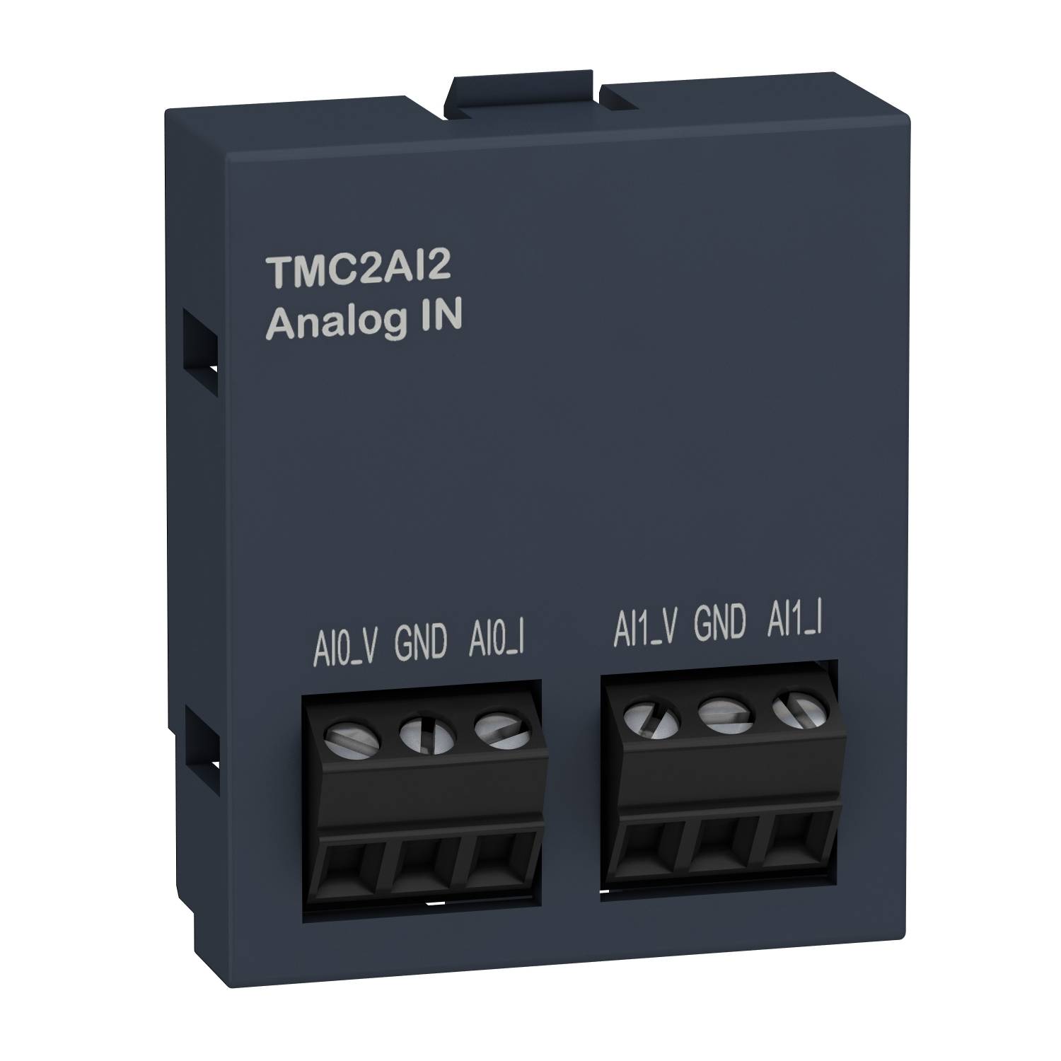 Dunkelgraues elektrisches Modul mit Aufschrift 'TMC2AI2 Analog IN'. Zwei Steckplätze beschriftet mit 'AI0.V GND AI0.I' und 'AI1.V GND AI1.I'.