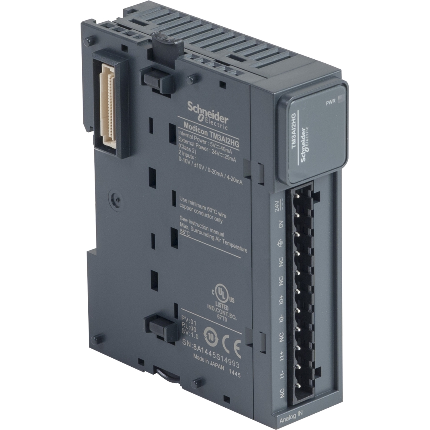 Schwarzes elektronisches Modul von Schneider Electric, Modell TM2AI2HG. Es zeigt Frontanschlüsse und seitliche Steckeroptionen.