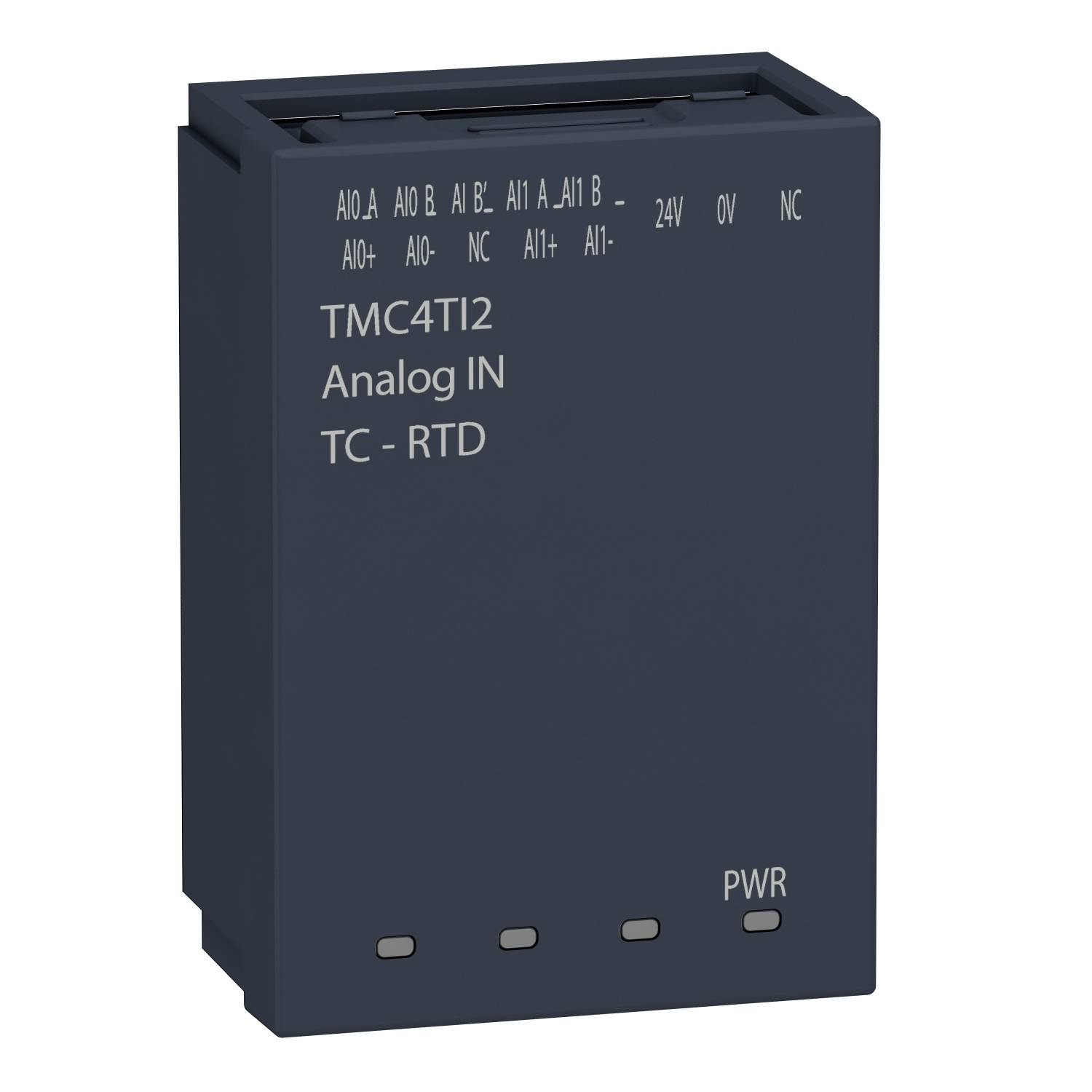 Dunkelblaues Modul mit der Aufschrift 'TMC4TI2 Analog IN TC - RTD', angezeigt durch LEDs PWR, Gerät zur Temperaturmessung.
