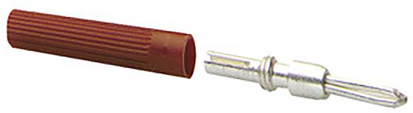 Metallischer Stiftkontakt neben einer geriffelten, roten Kunststoffhülle, wie sie oft in elektrischen Verbindern verwendet werden.