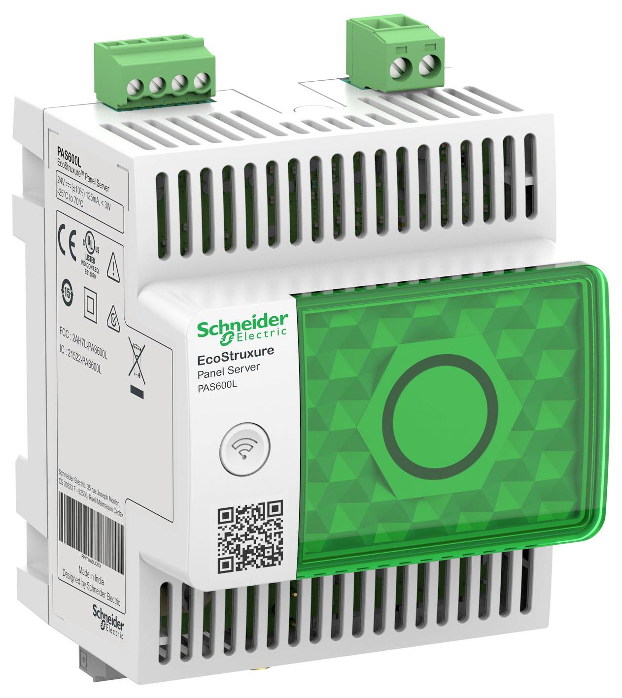 Schneider Electric EcoStruxure Panel Server Gerät mit grünem Status-Panel und QR-Code, dargestellt im Produktverpackungsstil