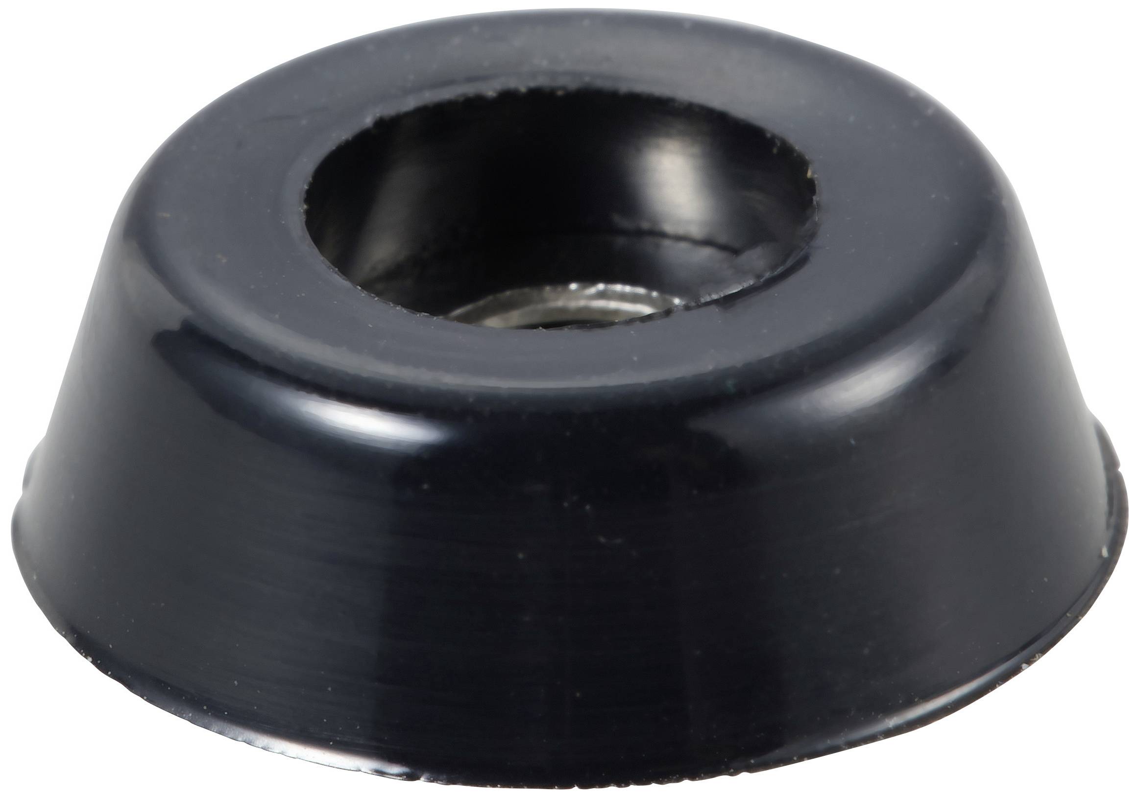 Ein schwarzer, runder Türstopper aus Gummi mit zentralem Loch, vor weißem Hintergrund.