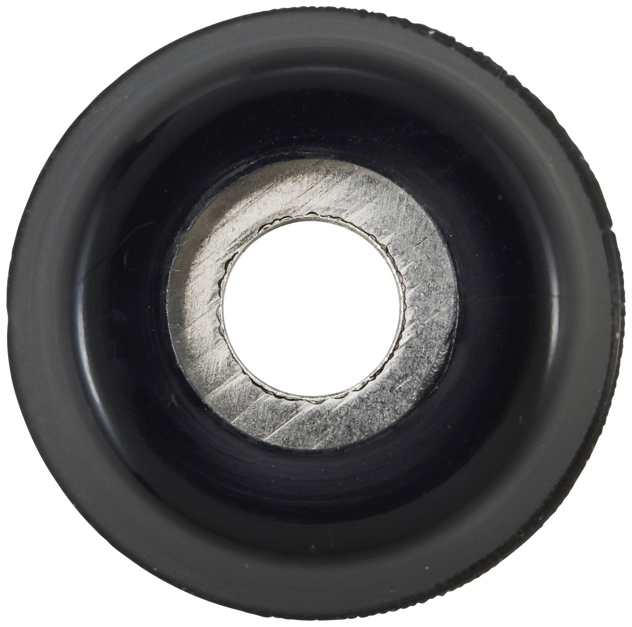 Schwarze Rolle eines Skateboards mit silbernem Metallkern, von oben gesehen.