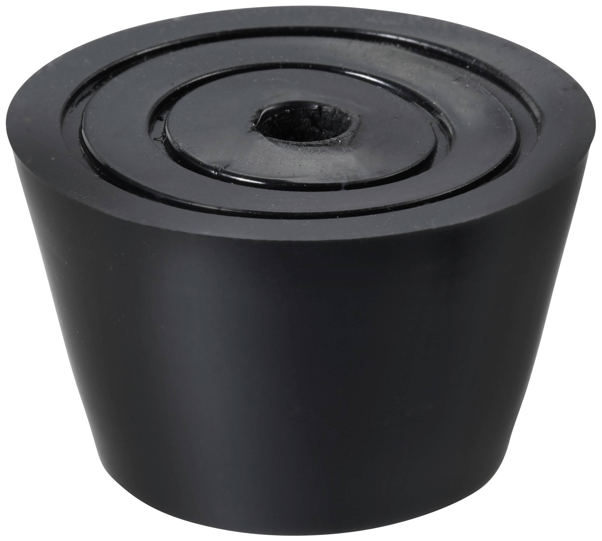 Schwarzer Gummistopfen, konische Form, glatte Oberfläche, kreisförmig mit einer kleinen Öffnung oben in der Mitte.