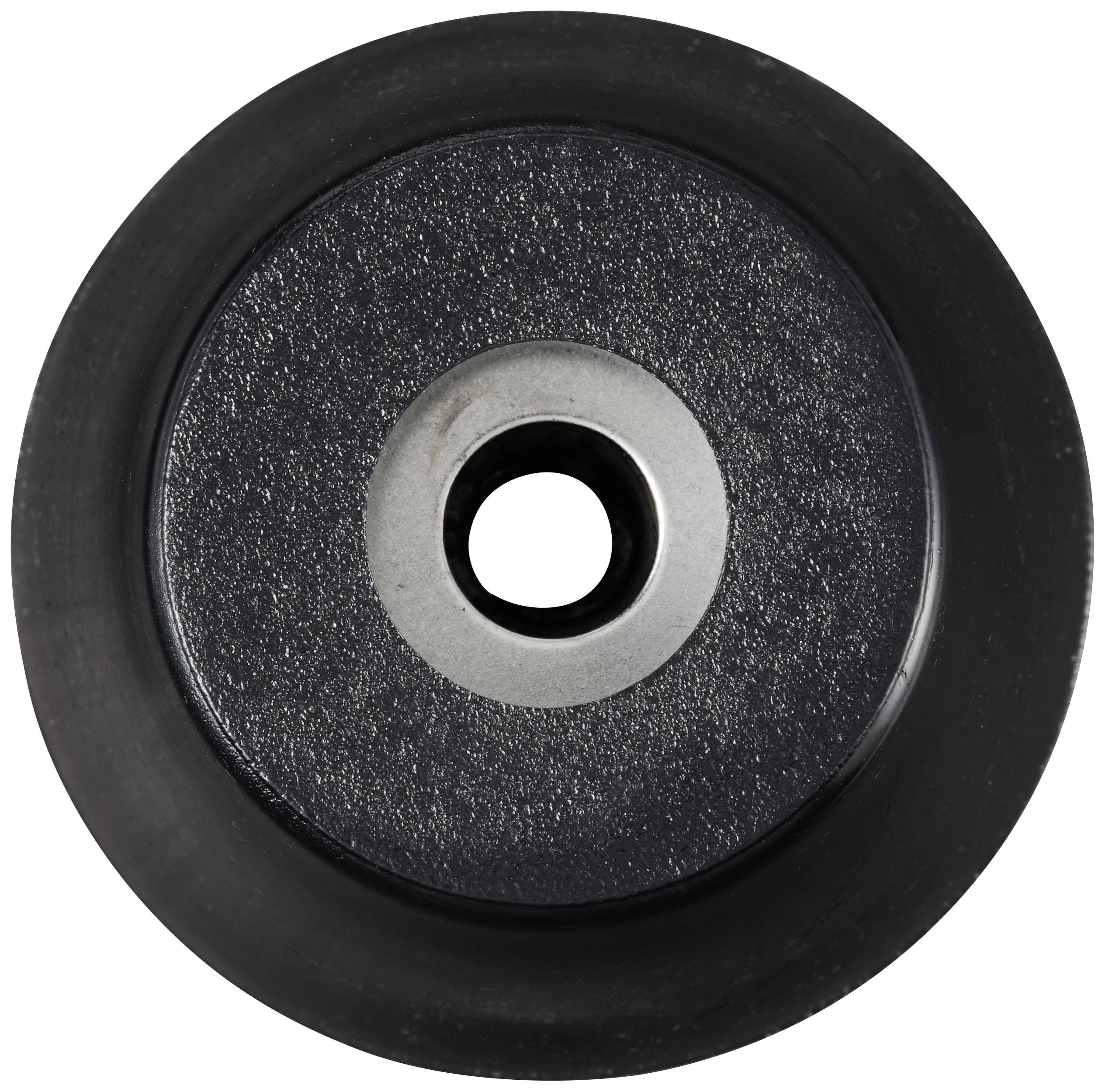 Abbildung eines schwarzen Rades mit silberner Felge und zentralem Loch, das typischerweise für Möbelrollen verwendet wird.