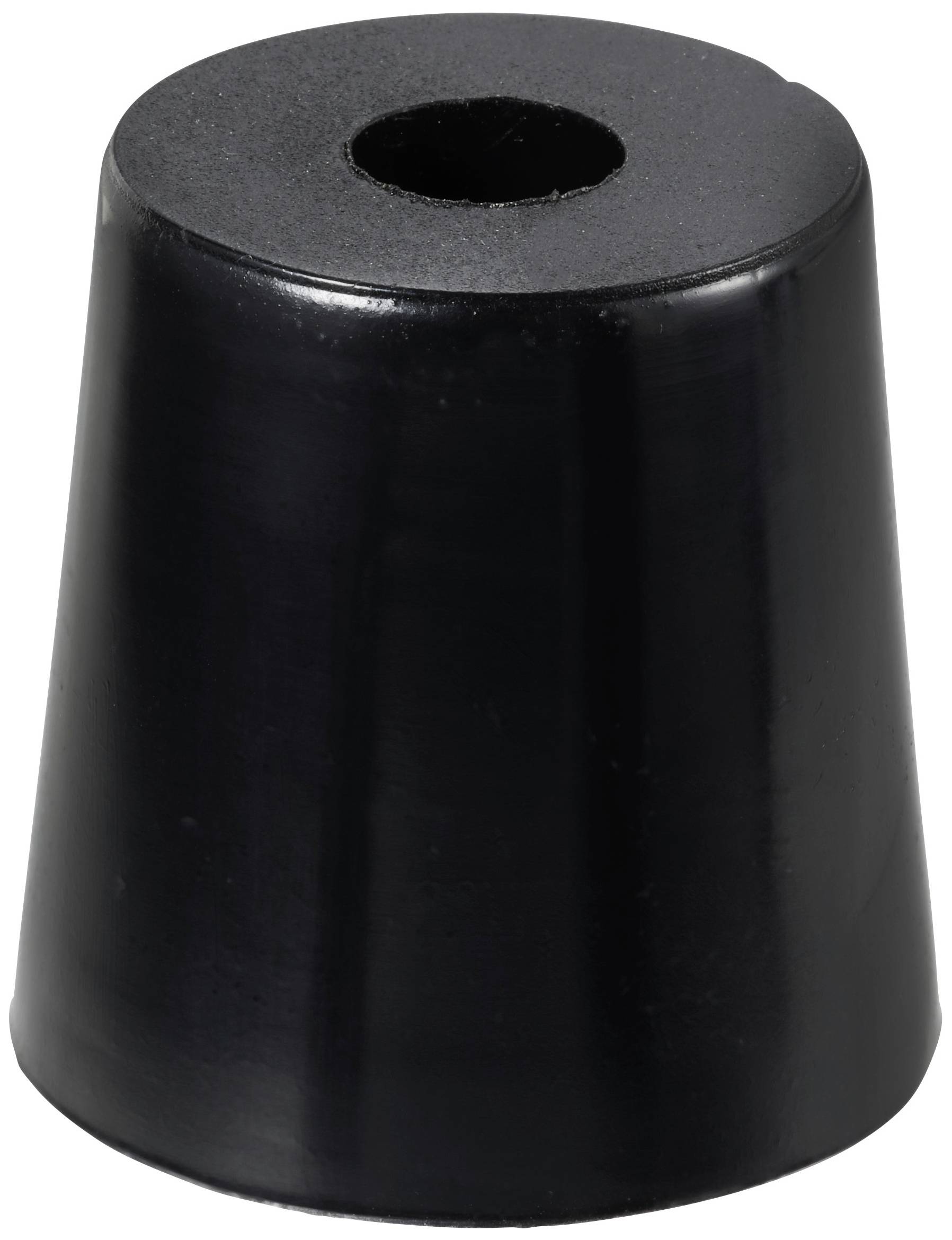 Ein schwarzer, konischer Gummipuffer mit einer zentralen Bohrung, ähnlich einem Türstopper, steht aufrecht.