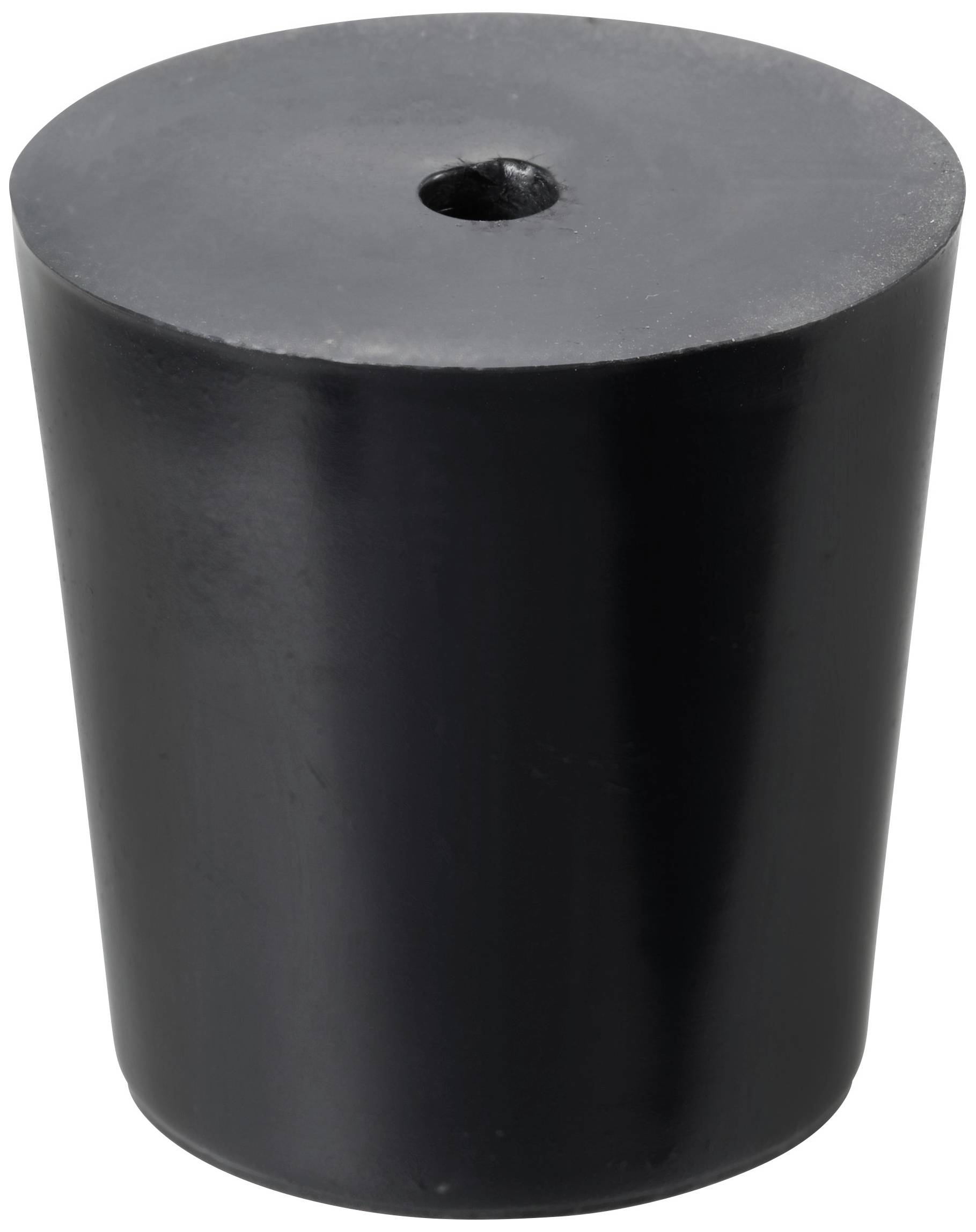 Ein schwarzer gummierter Kegel mit flachem Boden und einem kleinen Loch an der Spitze.