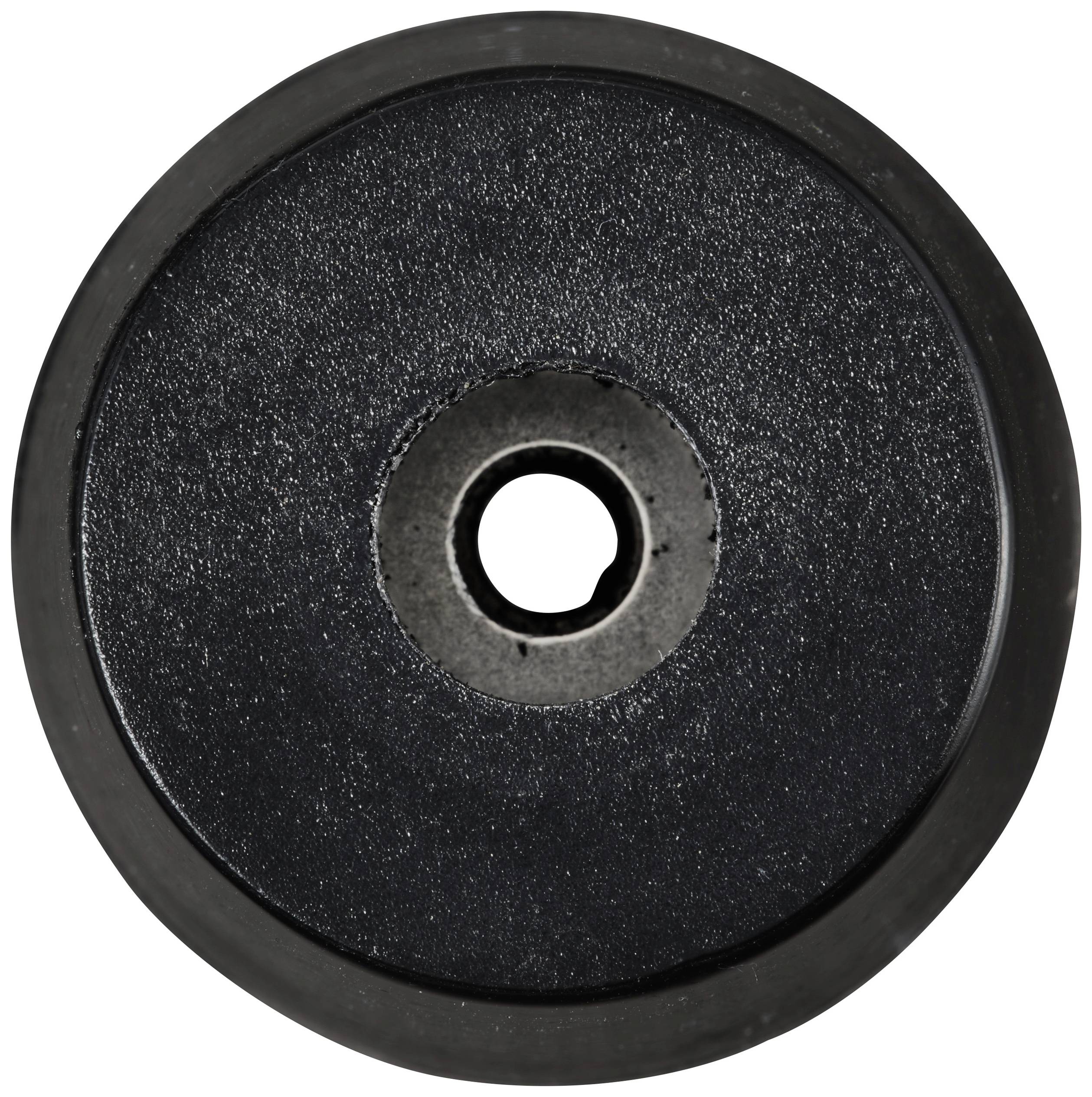 Rundes, schwarzes Rad mit einer zentrierten Öffnung, möglicherweise ein Teil eines Spielzeug- oder Gerätefahrwerks.