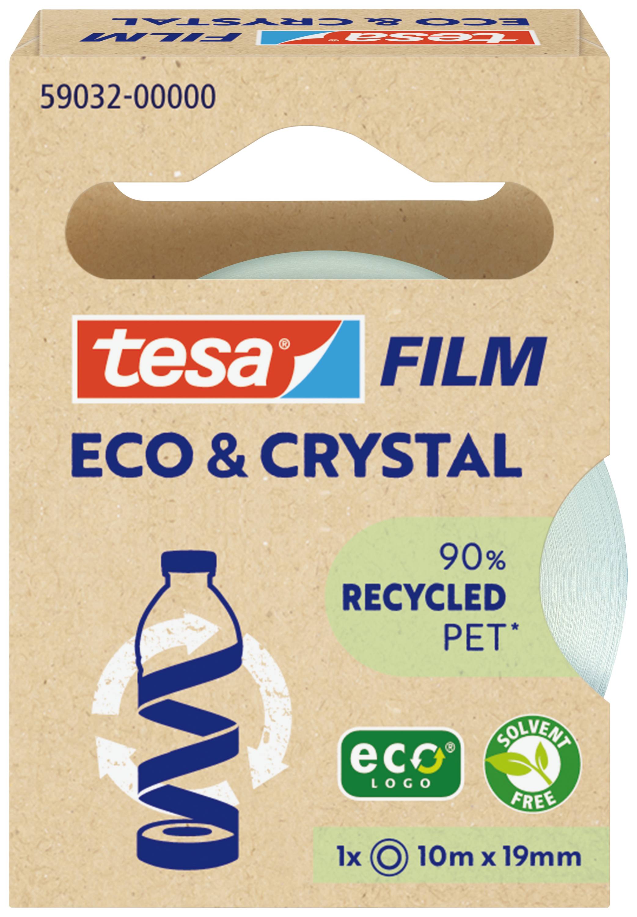 Der Karton einer Tesa-Klebebandrolle. Aufschrift: 'Eco & Crystal', '90% Recycled PET'. Abbildung einer Flasche und Recycling-Symbol.