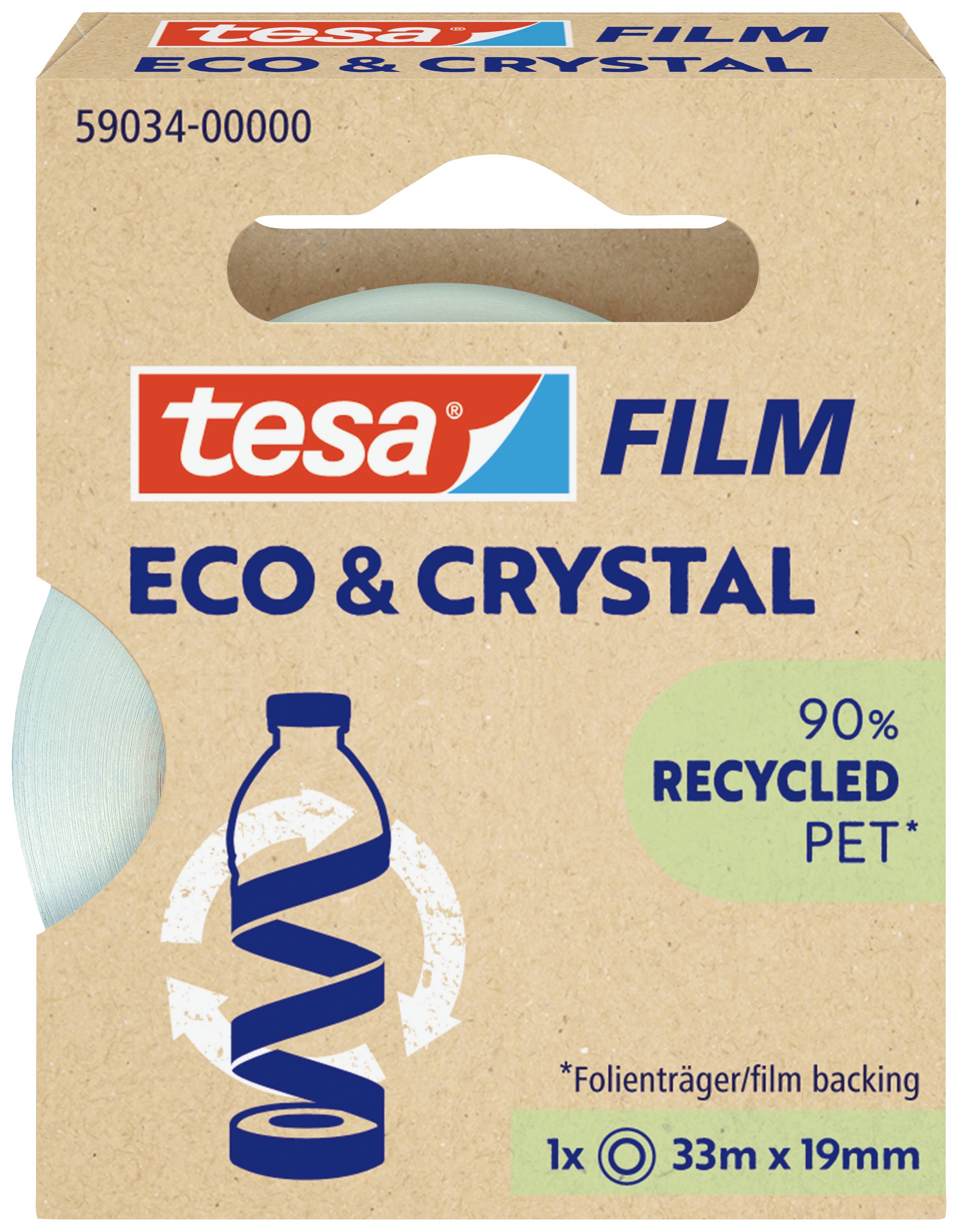 Tesa Klebefilmverpackung aus Recyclingkarton mit Aufdruck 'Eco & Crystal', zeigt eine Plastikflasche und den Hinweis '90% Recycled PET'.