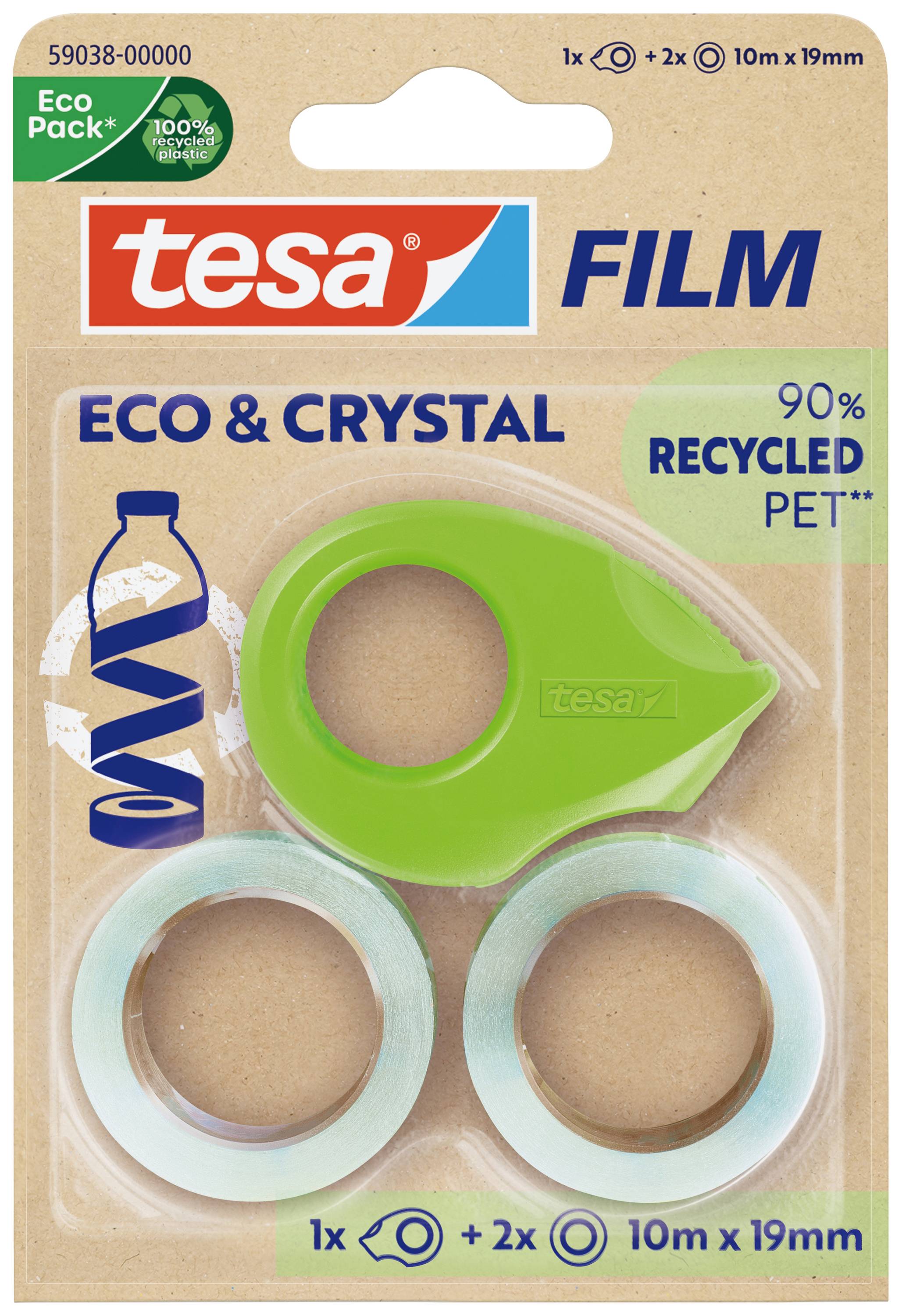 Verpackung von tesa ECO & CRYSTAL Klebefilm-Abroller und zwei Rollen. 90% recyceltes Material, Länge 10m, Breite 19mm.