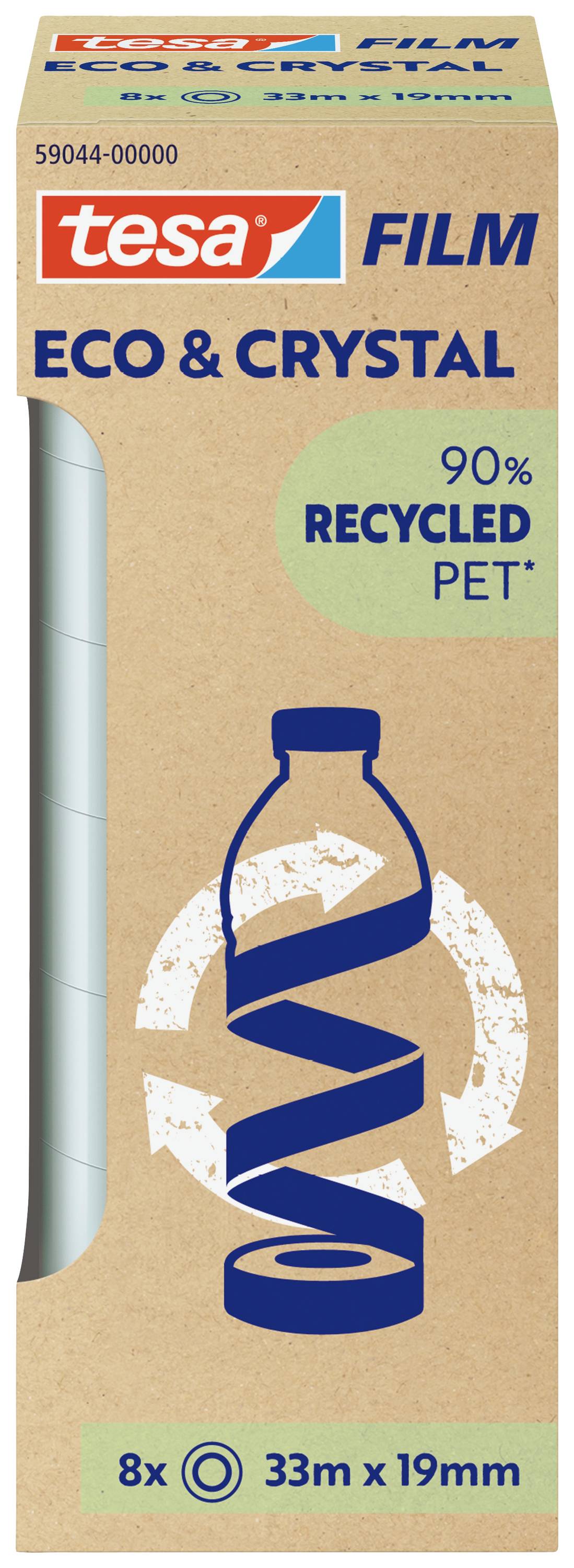Verpackung von Tesa Film 'Eco & Crystal', enthält 8 Rollen Klebefilm, hergestellt aus 90% recyceltem PET, jeweils 33 m lang, 19 mm breit.