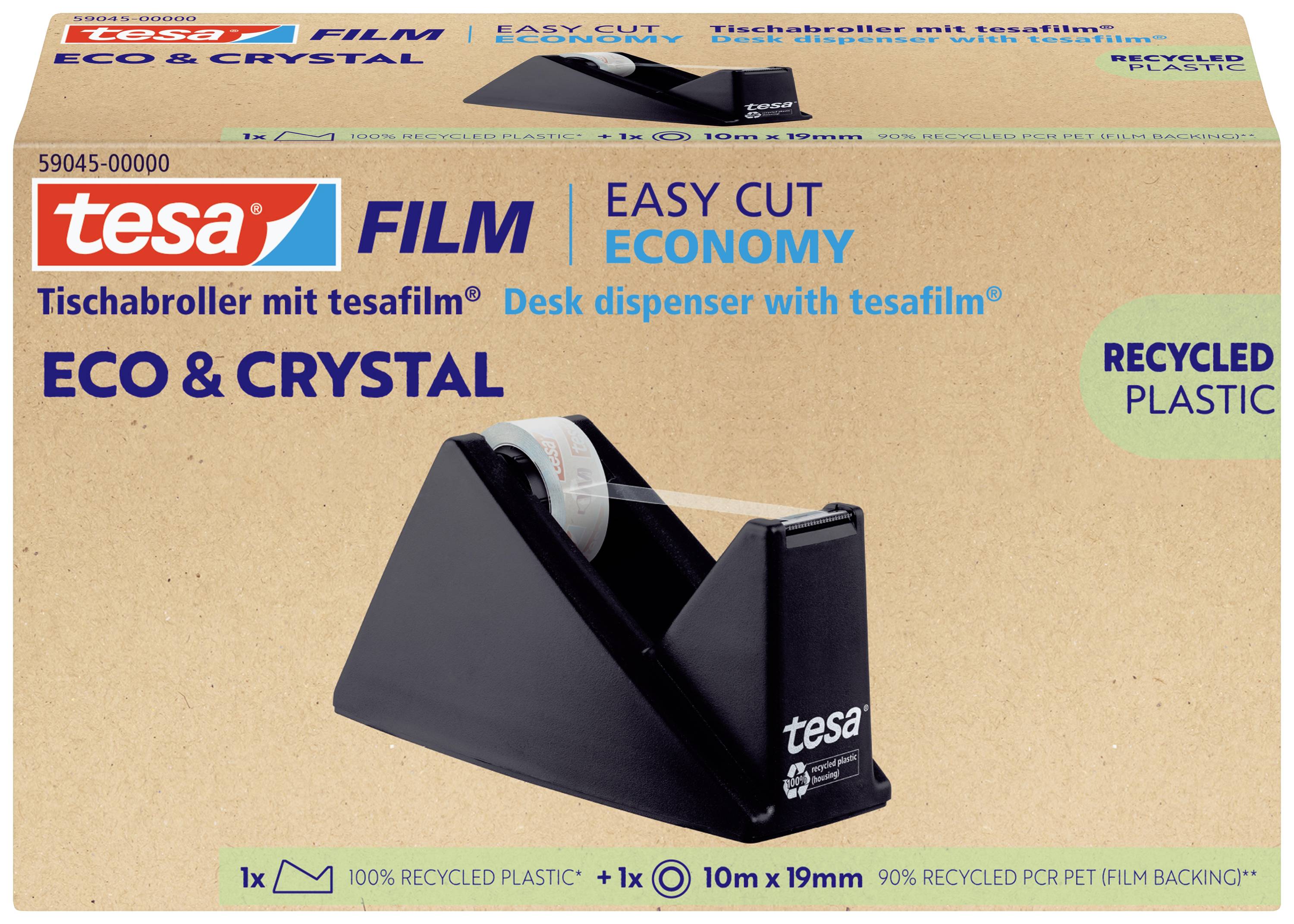 Ein schwarzer Tischabroller für Klebefilm aus recyceltem Kunststoff auf einem Karton. Enthält eine Rolle Eco & Crystal Klebefilm.