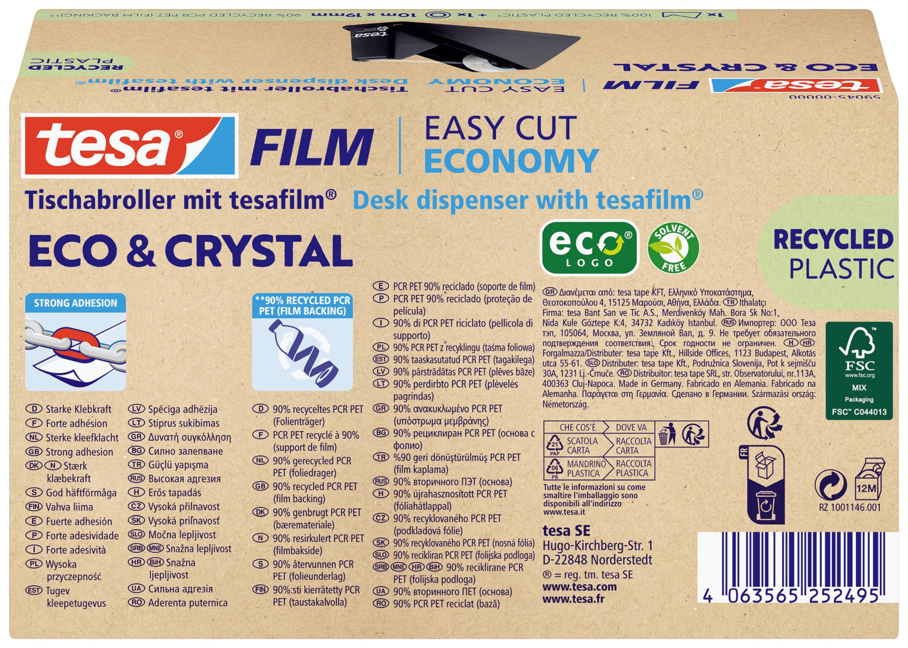 Verpackung eines Tischabrollers von 'tesa', Modell 'Eco & Crystal', mit Angaben zu recyceltem Material, FSC-Zertifikat und Anwendungsbeispielen.
