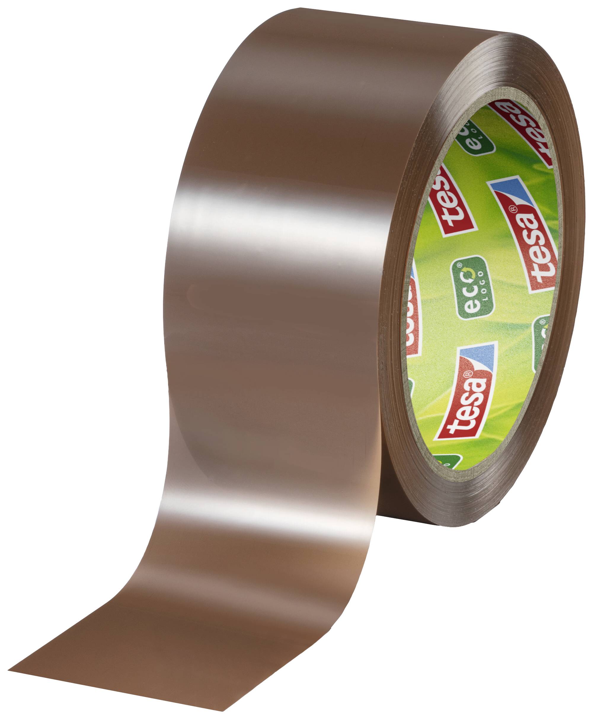 Braunes Klebeband aufgerollt, teilweise abgerollt. Markenname innen sichtbar. Verwendbar zum Verpacken oder Versiegeln.