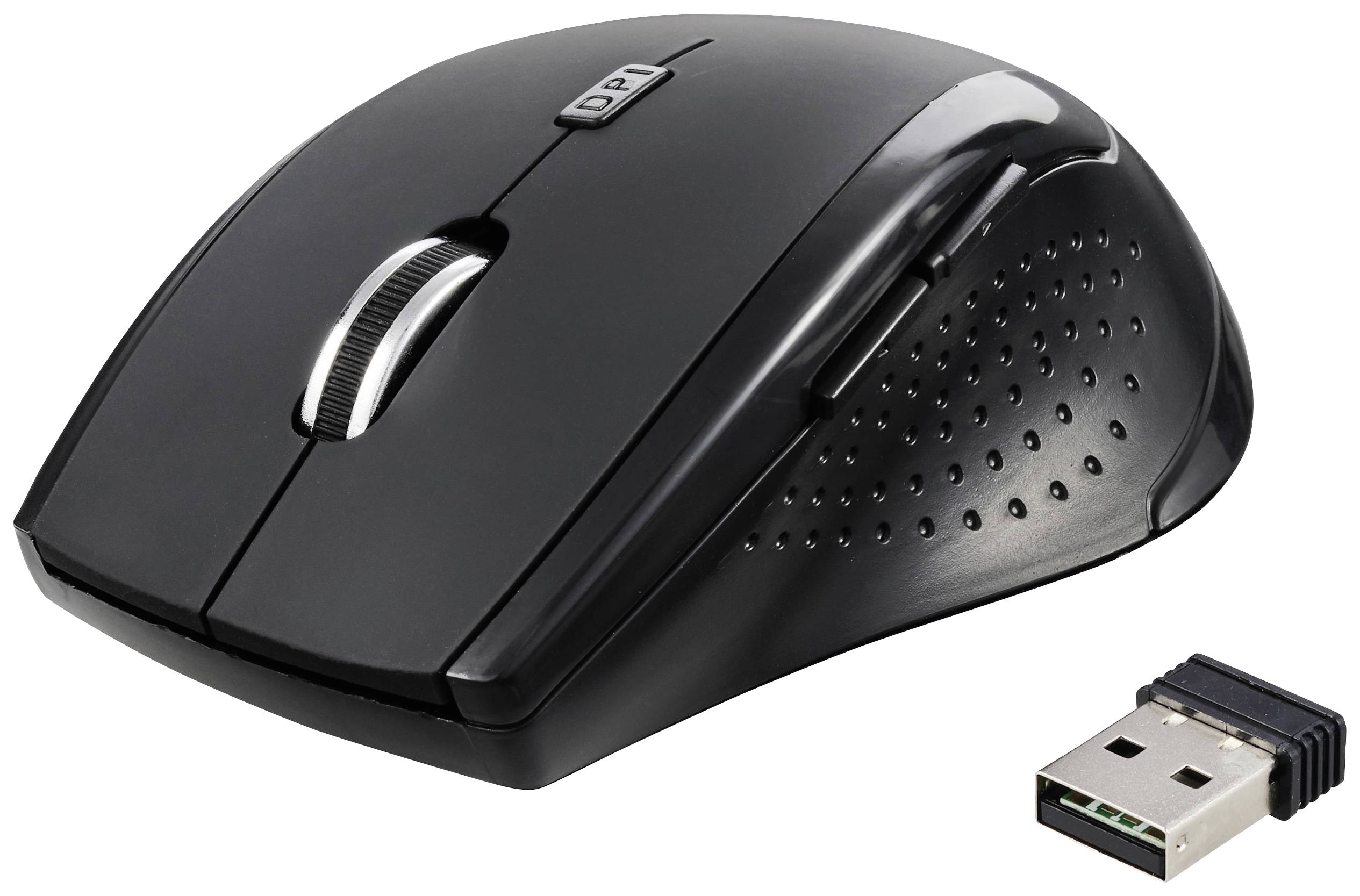 Schwarze kabellose Computermaus mit DPI-Taste und USB-Empfänger, seitliche Tasten und ergonomisches Design.