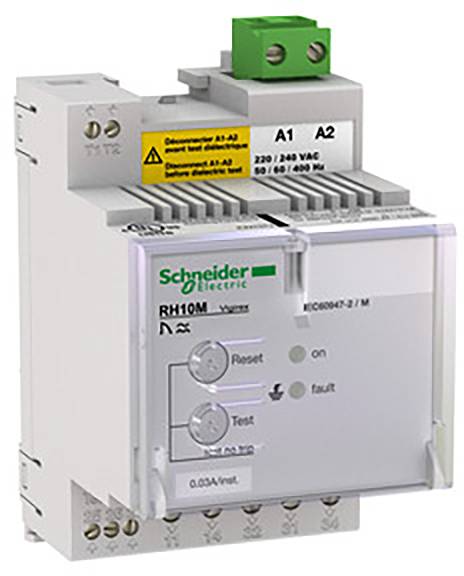 Ein elektronisches Gerät von Schneider Electric mit Kontrollleuchten und Testknopf. Aufschrift: '230/240 VAC' und Sicherheitswarnungen.
