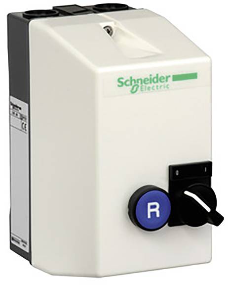 Ein weißer elektrischer Schaltschrank mit einem blauen 'R'-Knopf und einem schwarzen Schalter an der Vorderseite. Markenlogo oben.