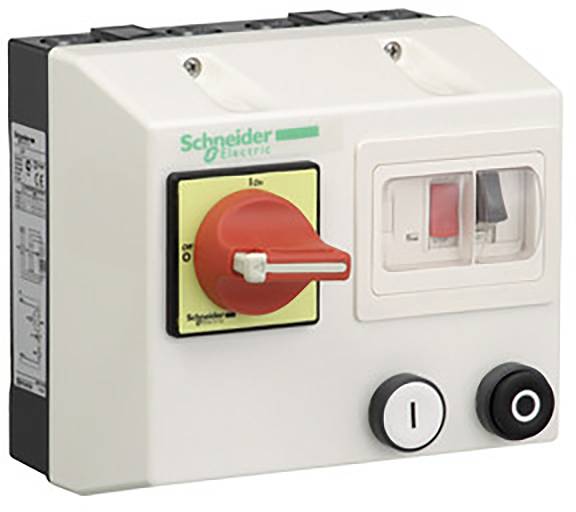 Schaltergerät mit rotem Drehschalter und weißen Tasten. Beschriftung: 'Schneider Electric'. Verwendung in elektrischen Anwendungen.