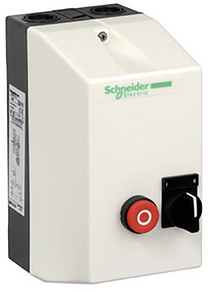 Weißes elektrisches Steuergerät mit Schalter und rotem Knopf vorne.