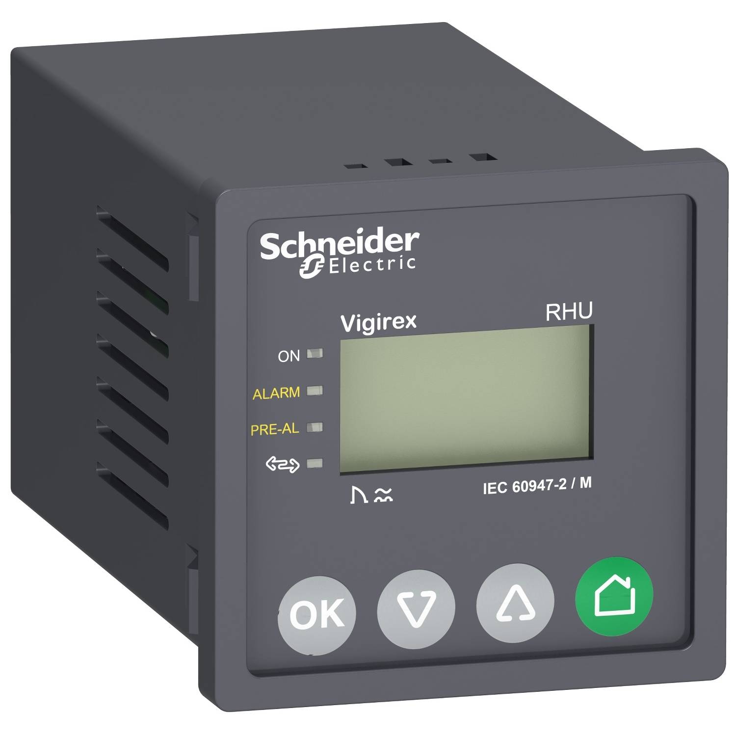 Ein elektronisches Gerät von Schneider Electric, Modell VigiRex RHU, mit LCD-Display und verschiedenen Tasten für Steuerungsfunktionen.
