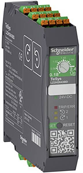Elektrisches Schutzrelais von Schneider Electric mit CE-Kennzeichnung, grüner Einstellknopf, und 'TeSys' Aufschrift. Eignet sich für 24V-DC.