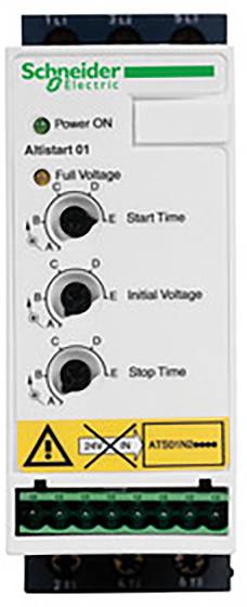 Ein elektronisches Gerät mit dem Logo 'Schneider Electric', drei Drehreglern für 'Start Time', 'Initial Voltage' und 'Stop Time', sowie einem Warnhinweis.