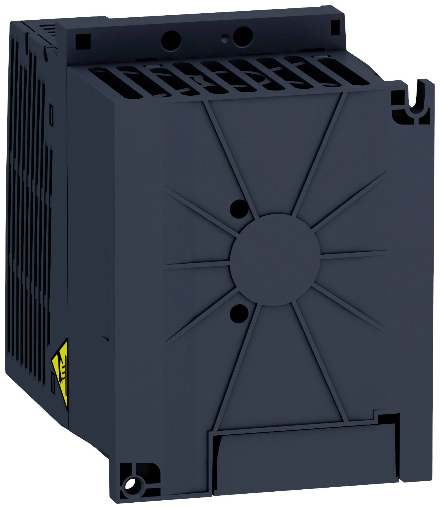 Ein schwarzes, quadratisches elektronisches Gerät mit Schlitzen für Belüftung auf der Oberseite, vermutlich ein Kühlkörper oder Gehäuse.