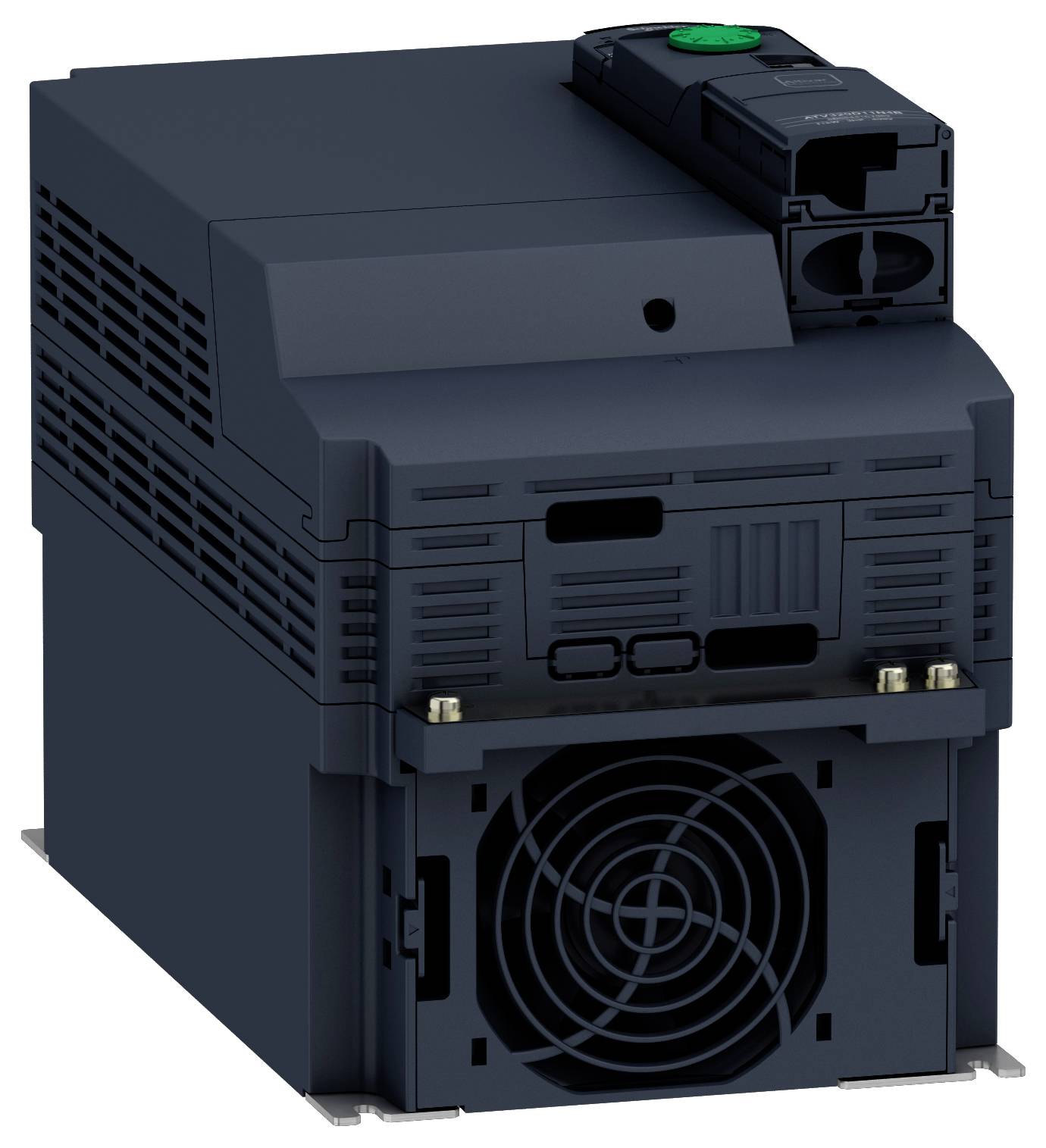 Ein schwarzes Industriegerät, möglicherweise eine Kühleinheit oder ein Leistungsmodul, mit einem Lüftungsventilator am unteren Ende und einem Bedienfeld oben. Geeignet für technische Umgebungen.