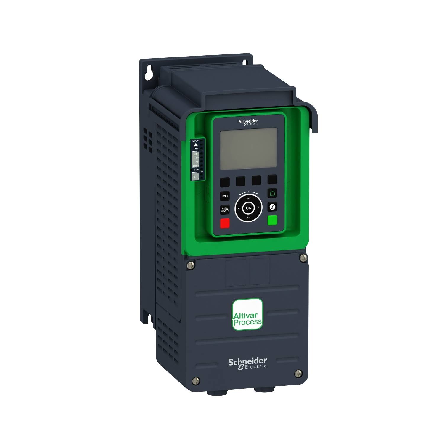 Ein Frequenzumrichter von Schneider Electric, Modell Altivar Process, grün-schwarze Gehäusefarbe mit Display und Bedienelementen auf der Vorderseite.
