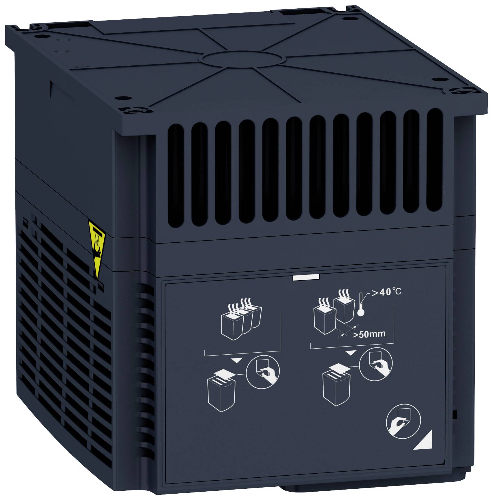 Schwarzes elektronisches Gerät mit Lüftungsschlitzen und Symbolen auf der Vorderseite, die Abstände und Temperaturanforderungen zeigen.