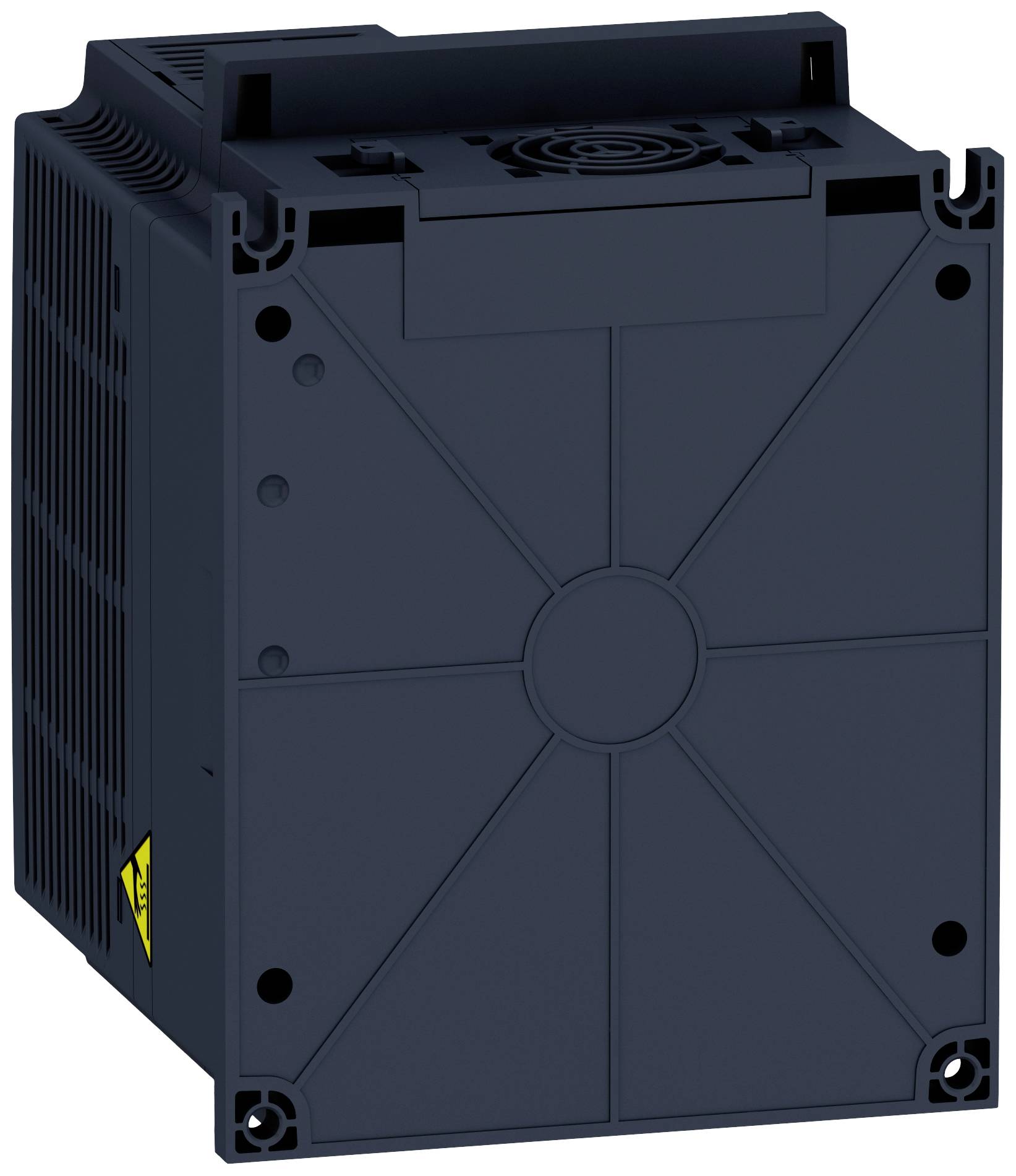 Ein schwarzes, rechteckiges elektronisches Gerät mit Lüfter oben und Kühlelementen an der Seite. Auf der unteren Ecke befindet sich ein gelbes Warnsymbol.