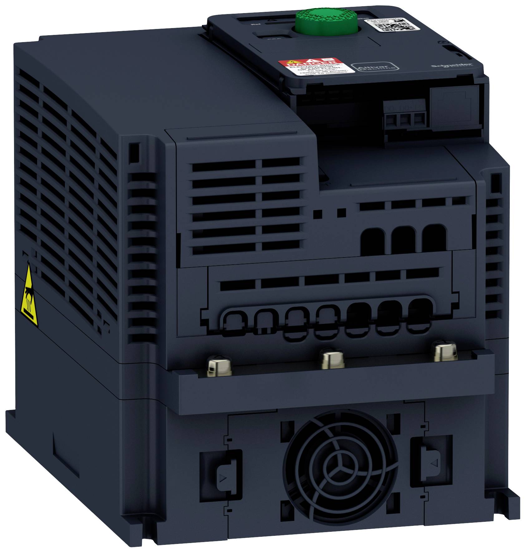 Ein schwarzes elektrisches Schaltschrankgerät mit Lüftungsgitter, drei Anschlussklemmen und einem grünen Knopf oben.