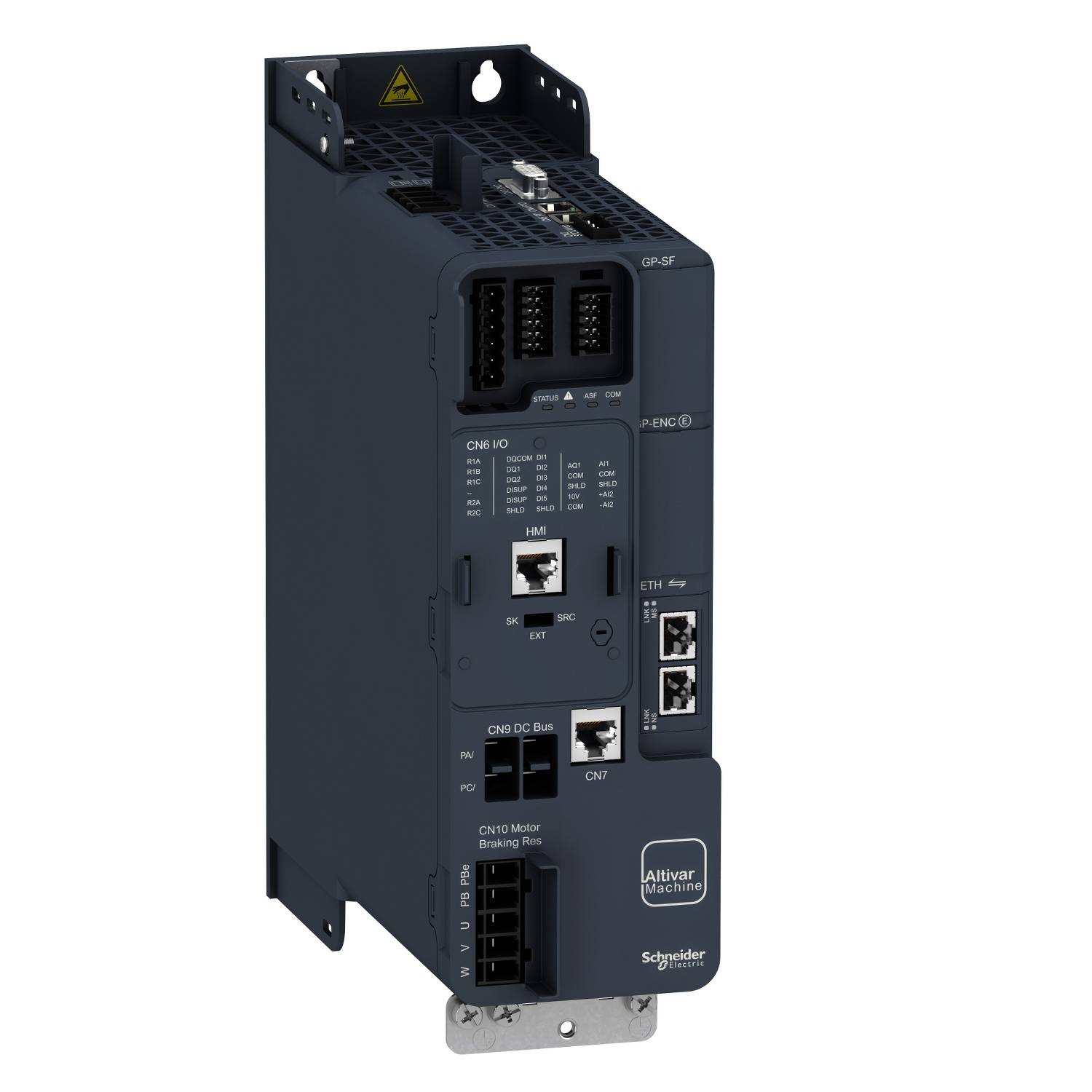 Frequenzumrichter von Schneider Electric, Modell ATV340, grau, mit mehreren Anschlussmöglichkeiten und Statusanzeigen.