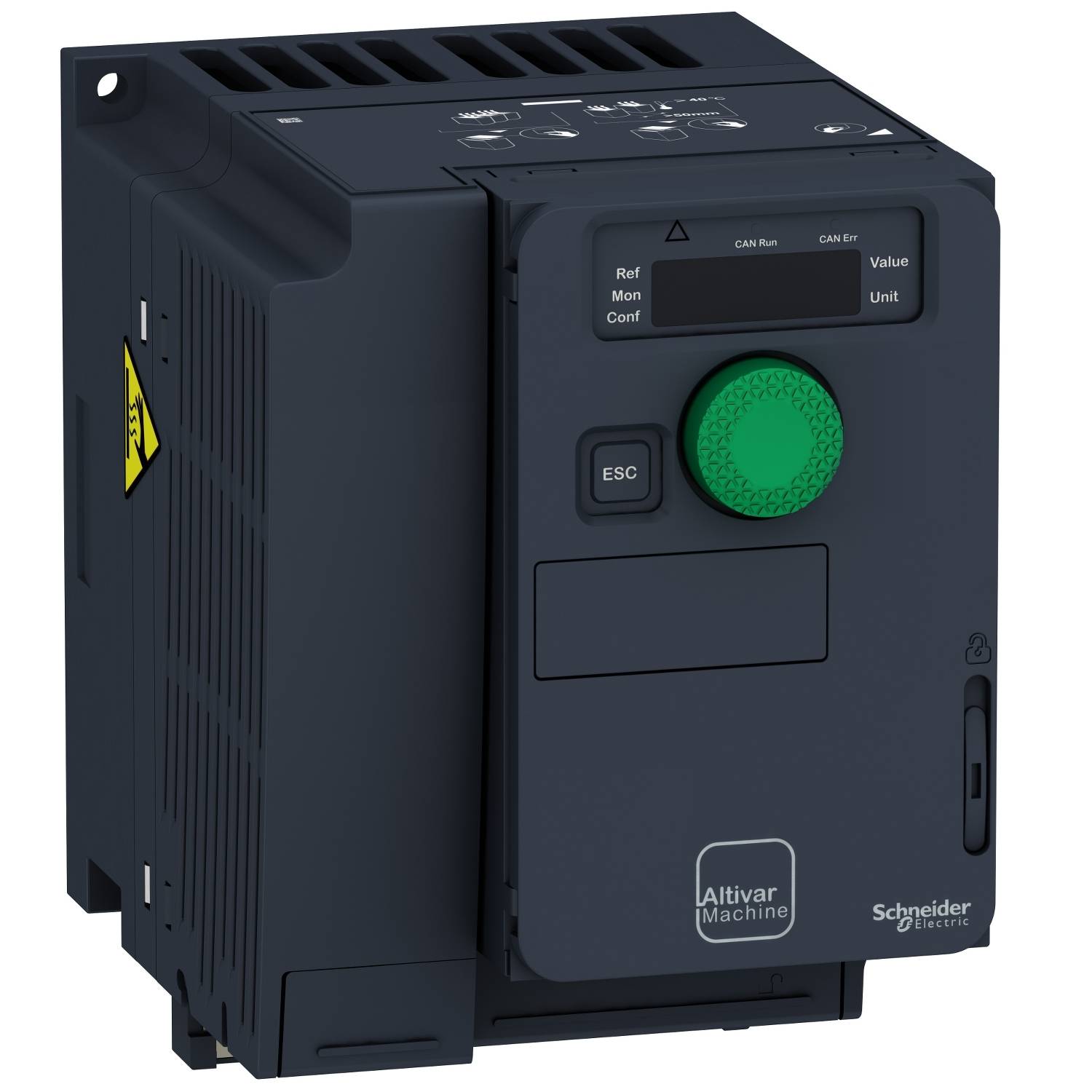 Ein Frequenzumrichter von Schneider Electric mit grünem Bedienknopf und mehreren Steuerungstasten auf der Vorderseite.